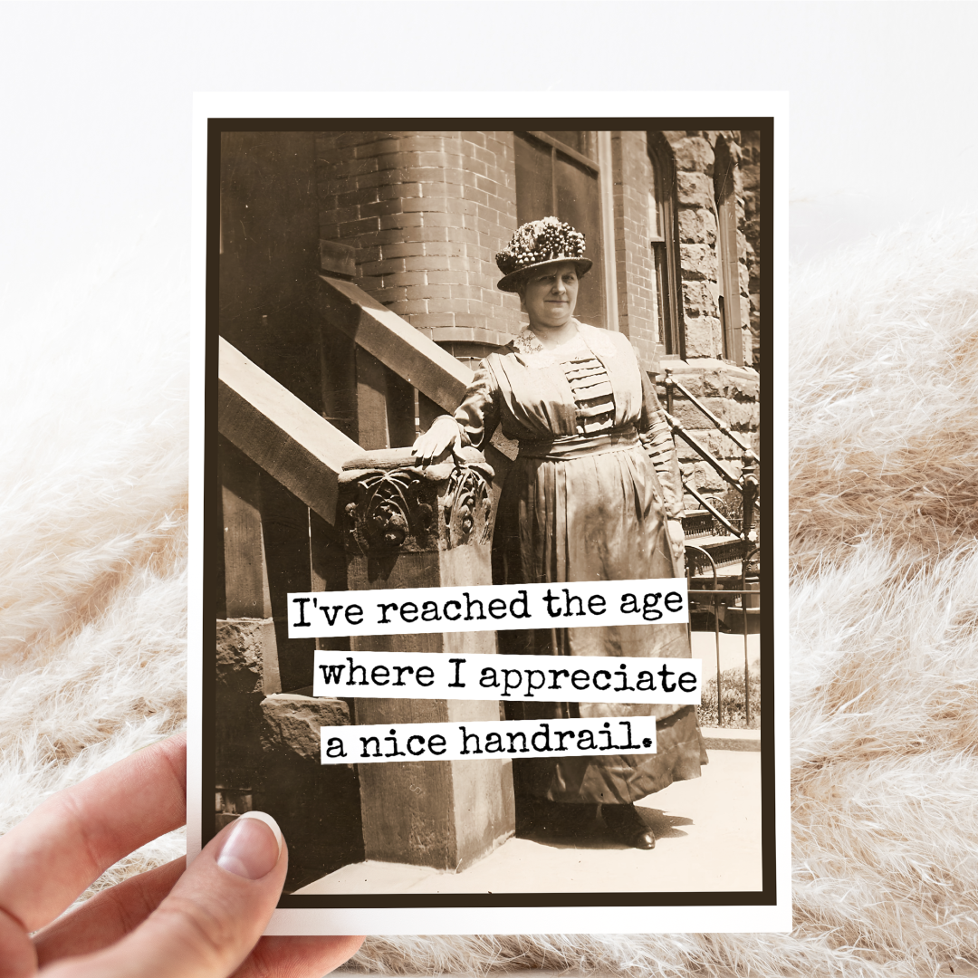 Vintage-style photo of a woman on steps with text overlay