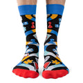 Colorful socks with abstract patterns on a white background