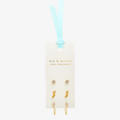 Set of gold earrings on a 'Mix & Match Foxy Originals' card with a blue ribbon.