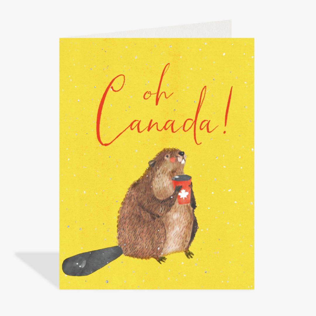 Greeting card with a beaver holding a coffee cup and 'oh Canada!' text on a yellow background