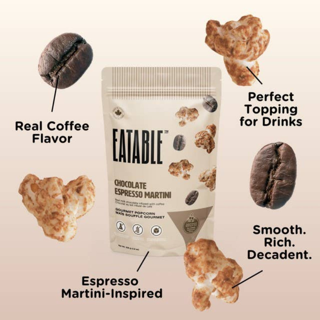 Eatable Chocolate Espresso Martini packaging with coffee beans and cookies on a beige background
