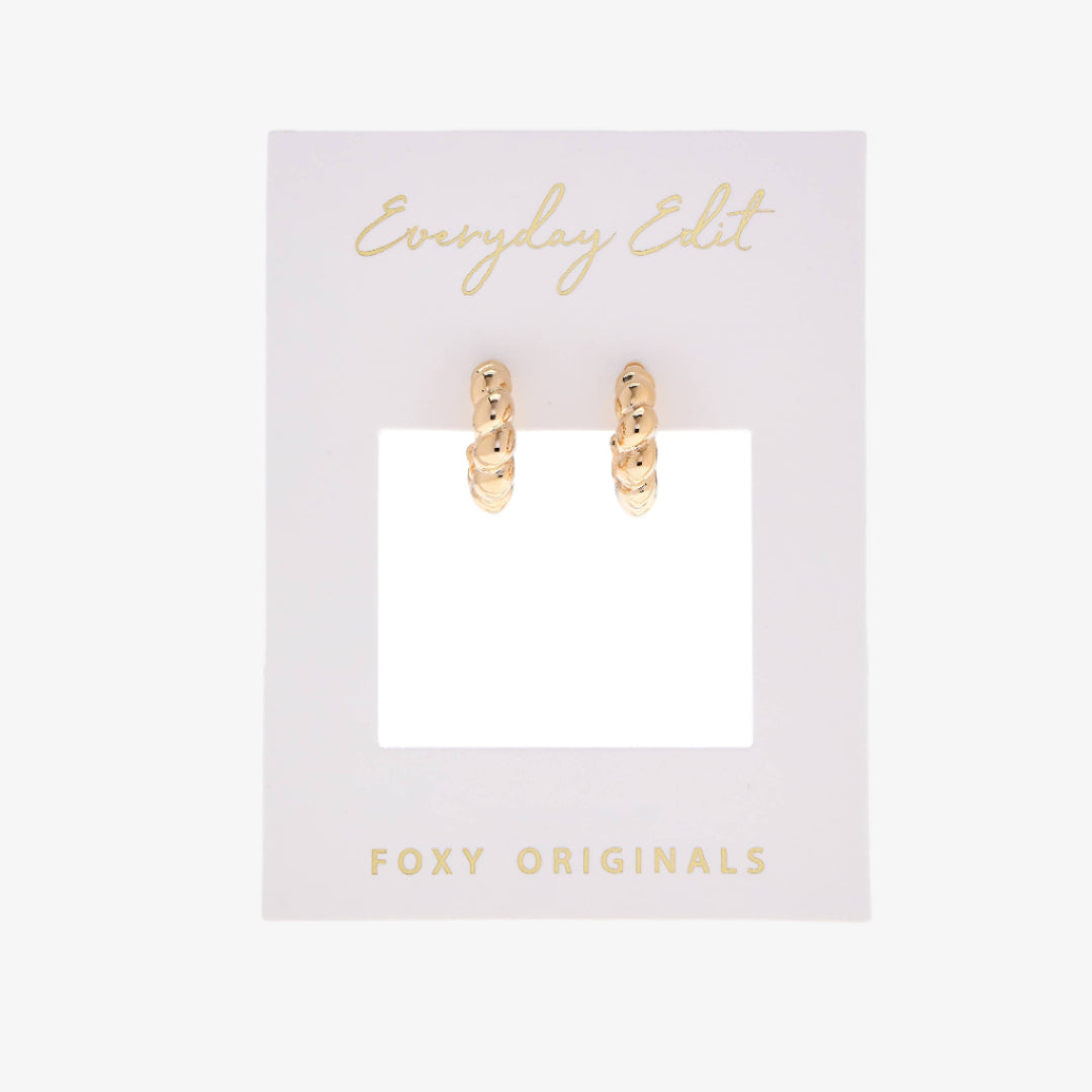 Gold hoop earrings on a 'Foxy Originals' branded card with 'Everyday Edit' text.