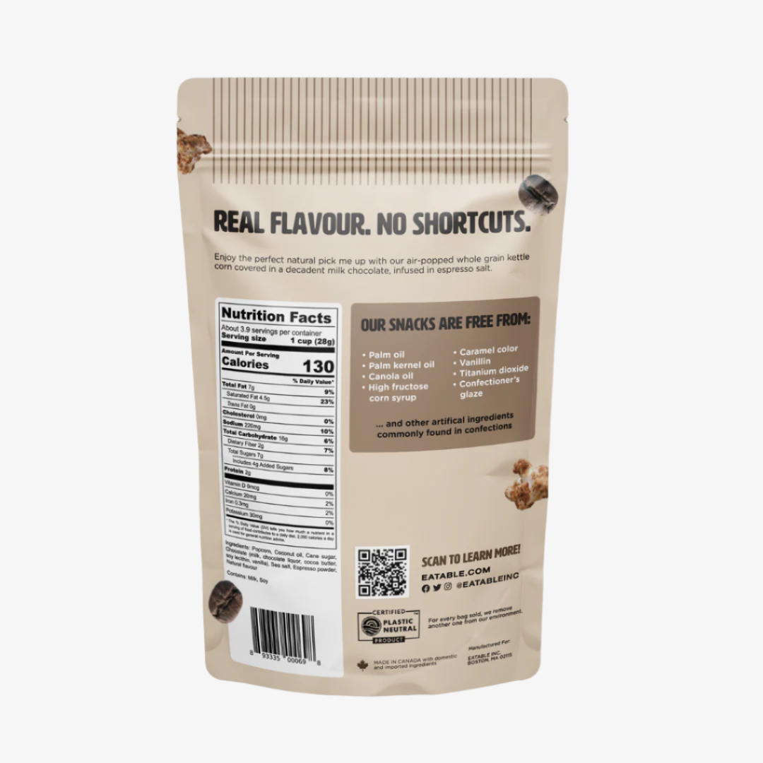 Snack package with nutritional information and ingredient list on a brown background