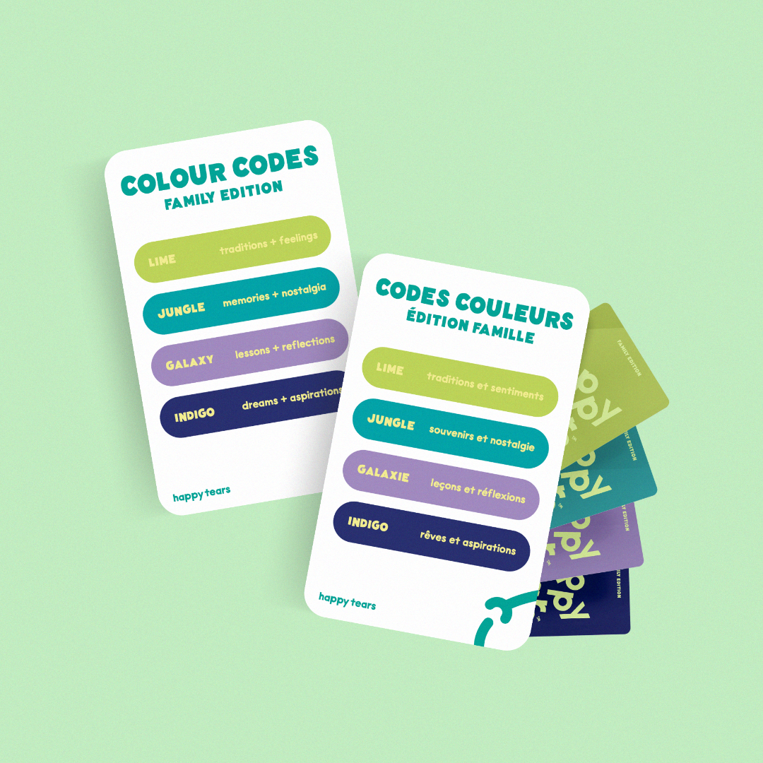 Happy Tears Family Edition deck, Ottawa. Grey linen pouch, rainbow-coloured cards. 'Happy Tears' logo, bilingual text: 'Family connection for all ages', 'Liens familiales pour tous les ages'. Local Ottawa board games.