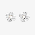 Silver flower-shaped earrings on a white background
