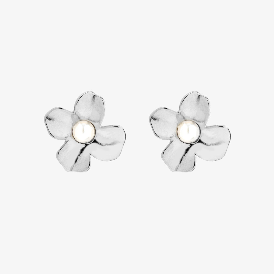 Silver flower-shaped earrings on a white background