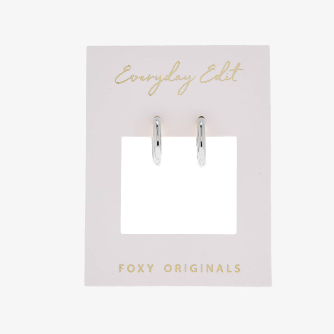 Silver hoop earrings on a 'Everyday Edit' card with 'Foxy Originals' branding.