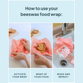 An infographic of "How to use your beeswax food wrap:" explaining that you need to activate the wrap by massaging it, then wrap it arount your food, and lastly wash and repeat.