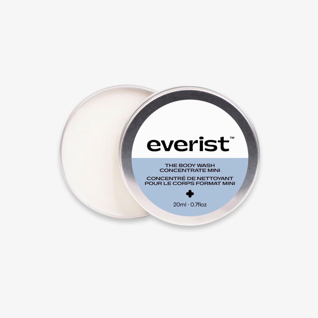 The Body Wash Concentrate Travel Mini, a concentrated body wash in a small steel tin, perfect for travel.
