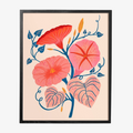 Morning Glories Framed Art Print, a pink and blue floral print in a black frame.