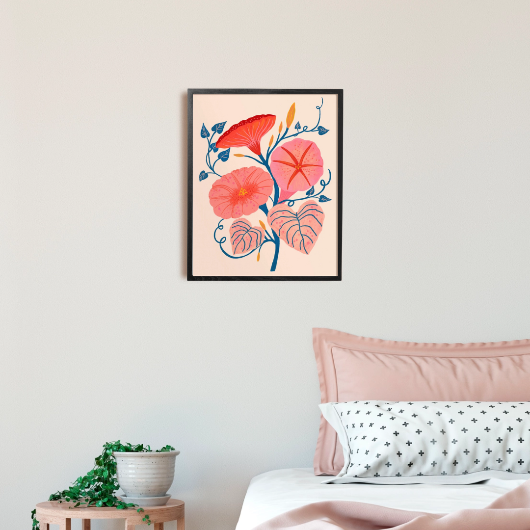 Morning Glories Framed Art Print, a pink and blue floral print in a black frame.