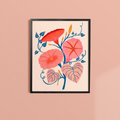 Morning Glories Framed Art Print, a pink and blue floral print in a black frame.