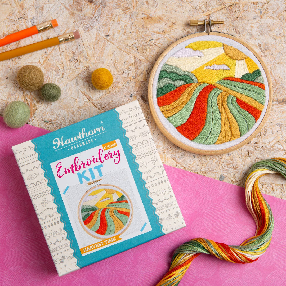 Embroidery kit with colorful fabric design on a textured surface