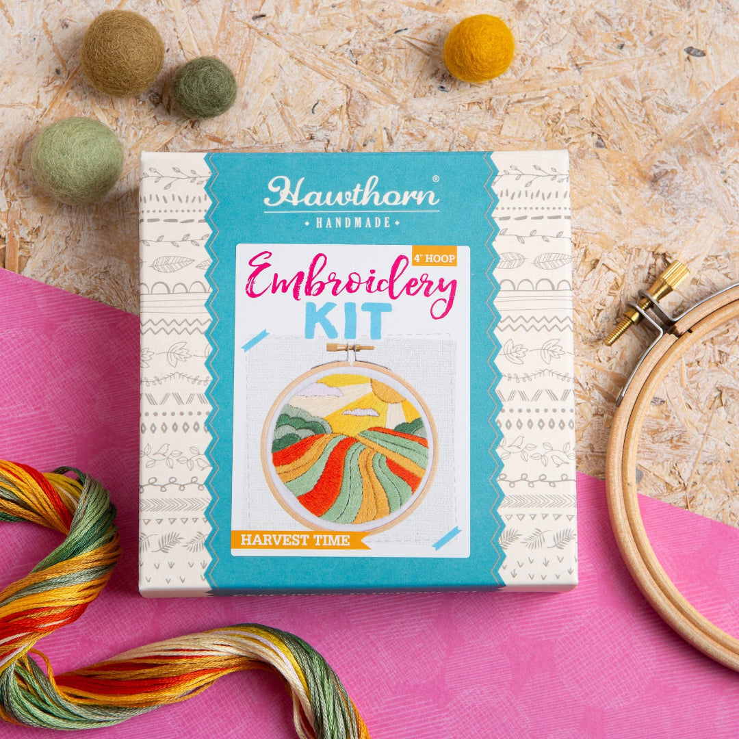 Embroidery kit with colorful yarn and hoop on a textured surface