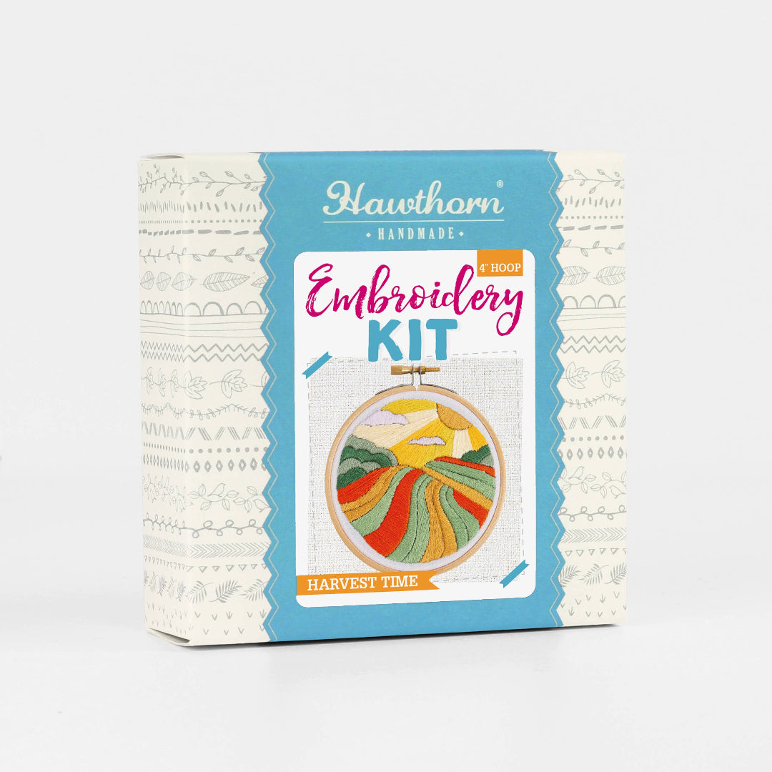 Embroidery kit packaging with 'Hawthorn Handmade' branding on a white background