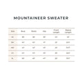 Mountaineer sweater size chart with measurements on a white background