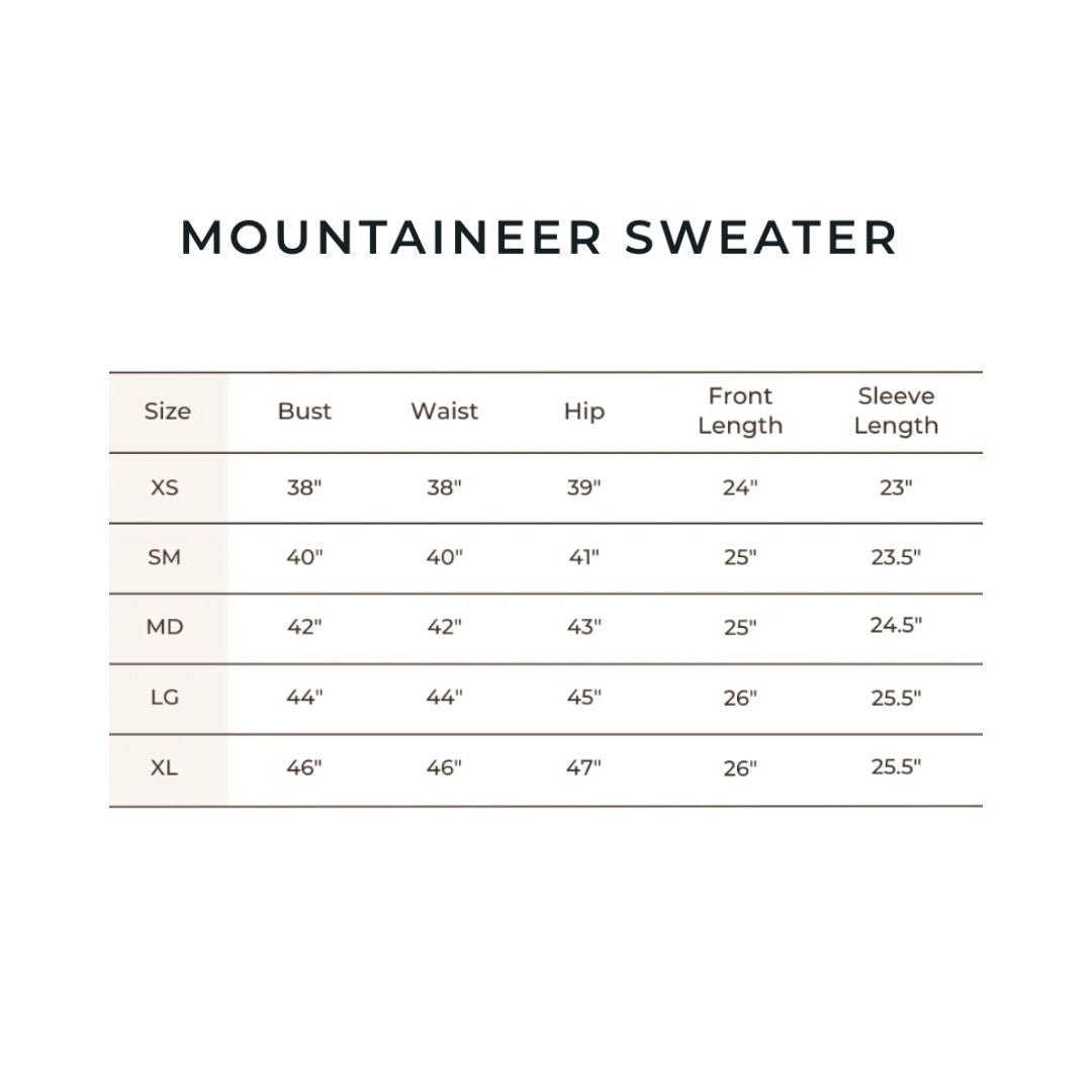 Mountaineer sweater size chart with measurements on a white background