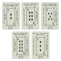 Set of five playing cards with text and symbols on a white background