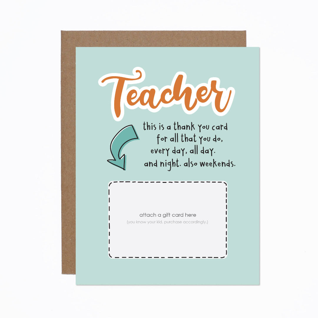 Greeting card with 'Teacher' text and a gift card placeholder on a white background