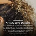 Close-up of curly hair with a five-star rating and customer review text overlay.