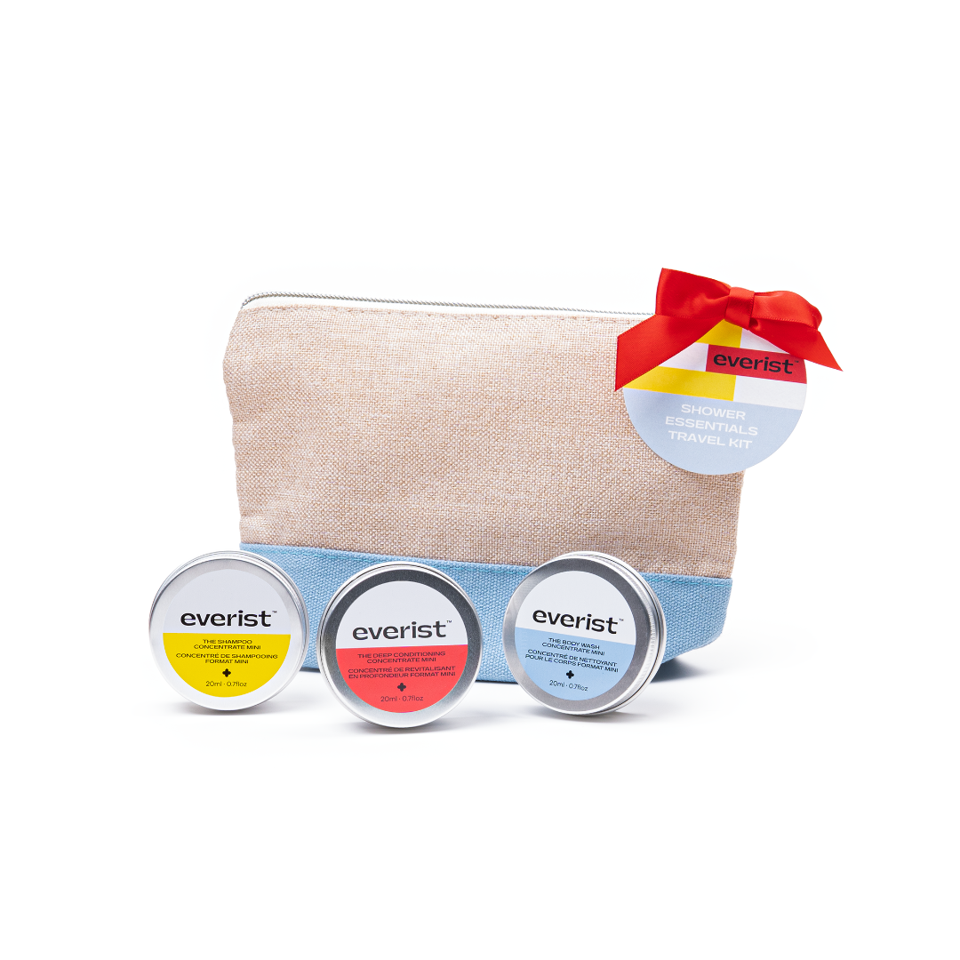 An Everist Shower Essentials Travel Kit. The kit includes a small, blue and beige canvas pouch with a red ribbon and tag that reads "Everist Shower Essentials Travel Kit." Inside the pouch are three small, round tins labeled "Everist" with different colored lids.